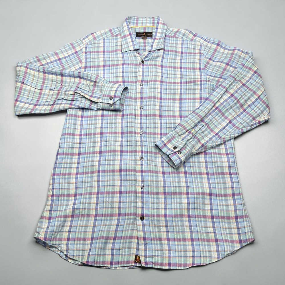 Robert Talbott Tailored Mens XL Blue Purple Plaid 100% Linen Long Sleeve Shirt